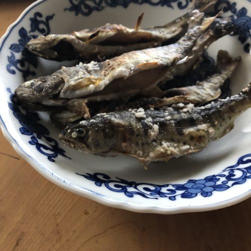 島牧の天然塩で塩焼きにした。釣りたての魚を食べたいと言う夢が一つ叶った